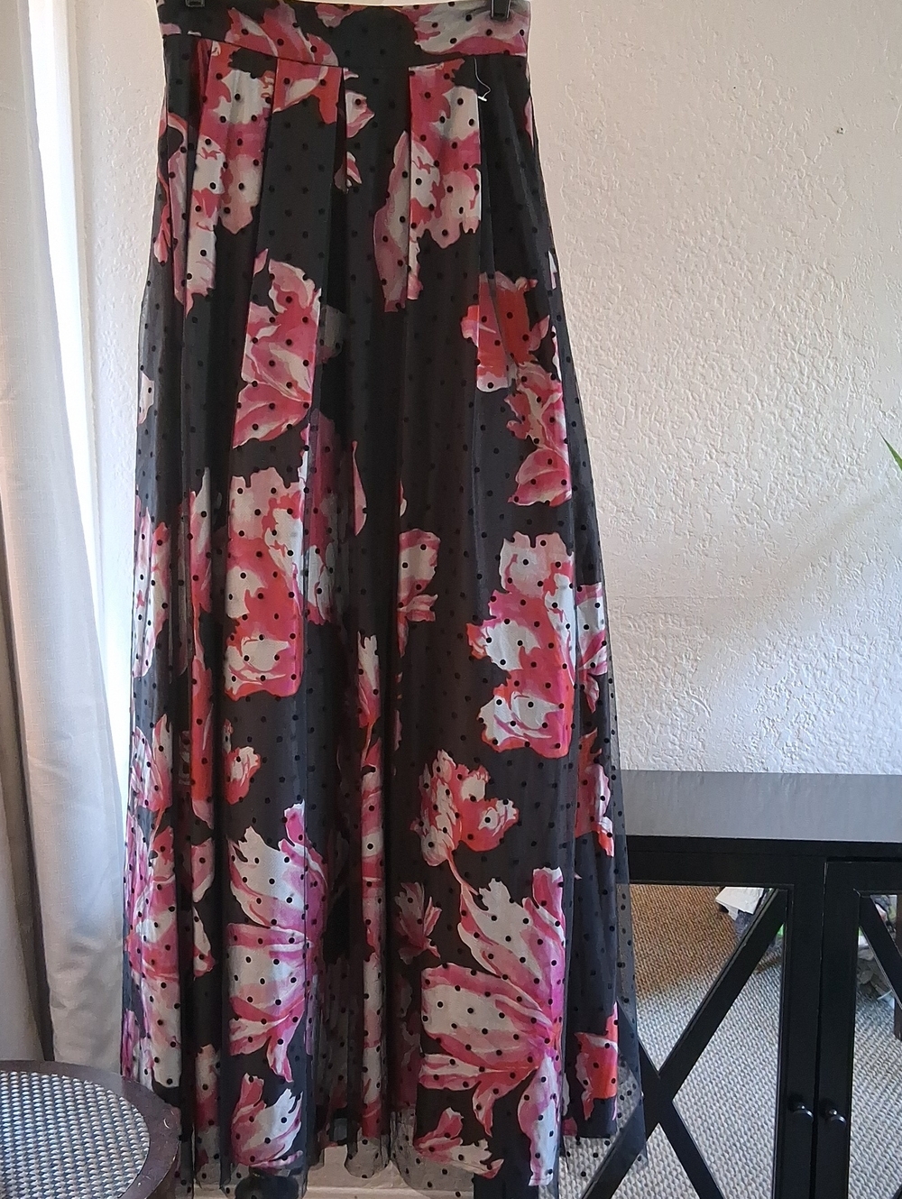 Eliza J Black Maxi Skirt with Pink Floral Overlay